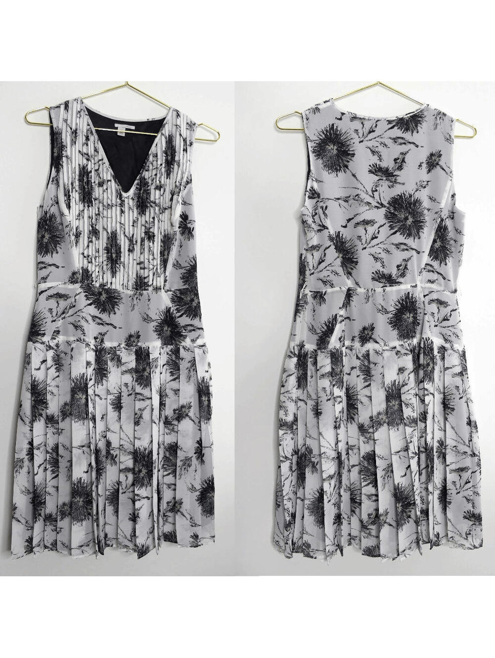 Halogen Pleated White and Black Floral Dropped Waist Sleeveless Dress - 6P